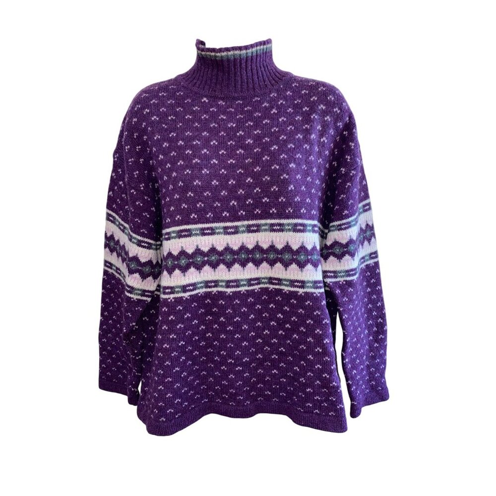 Vintage 90’s Paris Sport Club Purple Fair Isle Wool Oversized Ski Sweater L